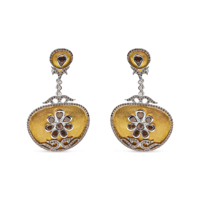 14K White and Yellow Gold 5 1/4 Cttw Rose Cut Diamond Matte Finished Medallion Dangle Earring (Fancy Color, I1-I2 Clarity)