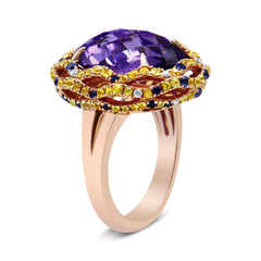 18K Yellow and Rose Gold Claw Prong Set Checkerboard Cut Purple Amethyst, Blue & Yellow Sapphire, Diamond Accent Cocktail Ring Band (F-G Color, VS1-VS2 Clarity)