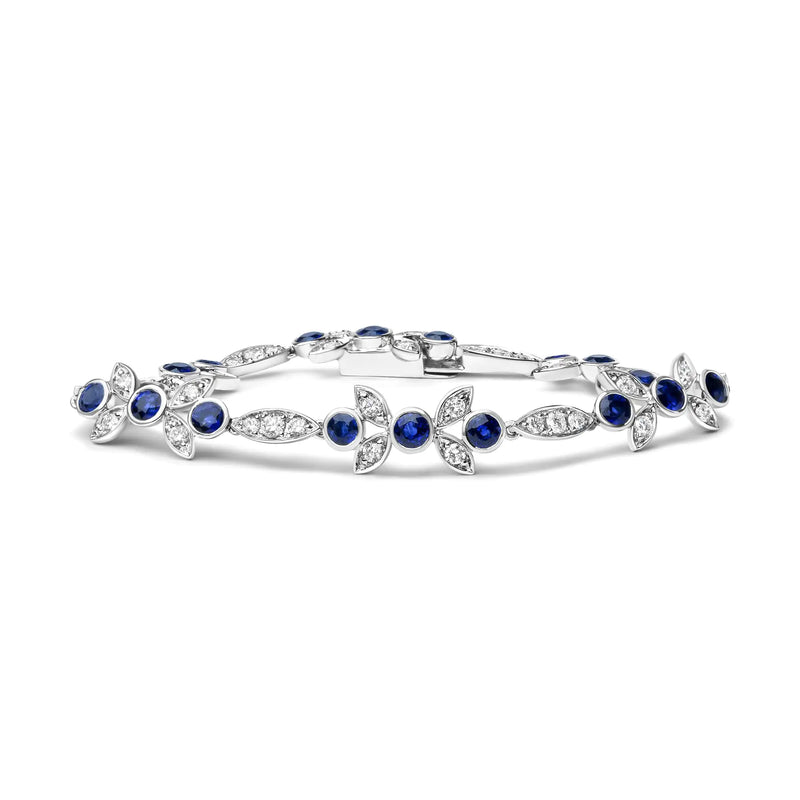 18K White Gold 1 3/4 Cttw Diamond and 3x3mm Round Blue Sapphire Gemstone Floral Link Bracelet (G-H Color, SI1-SI2 Clarity) - Size 7