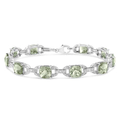 .925 Sterling Silver 7x7 mm Cushion Cut Green Amethyst and 1/20 cttw Round Cut Diamond Fashion Tennis Bracelet (I-J Color, I1-I2 Clarity) - 7"