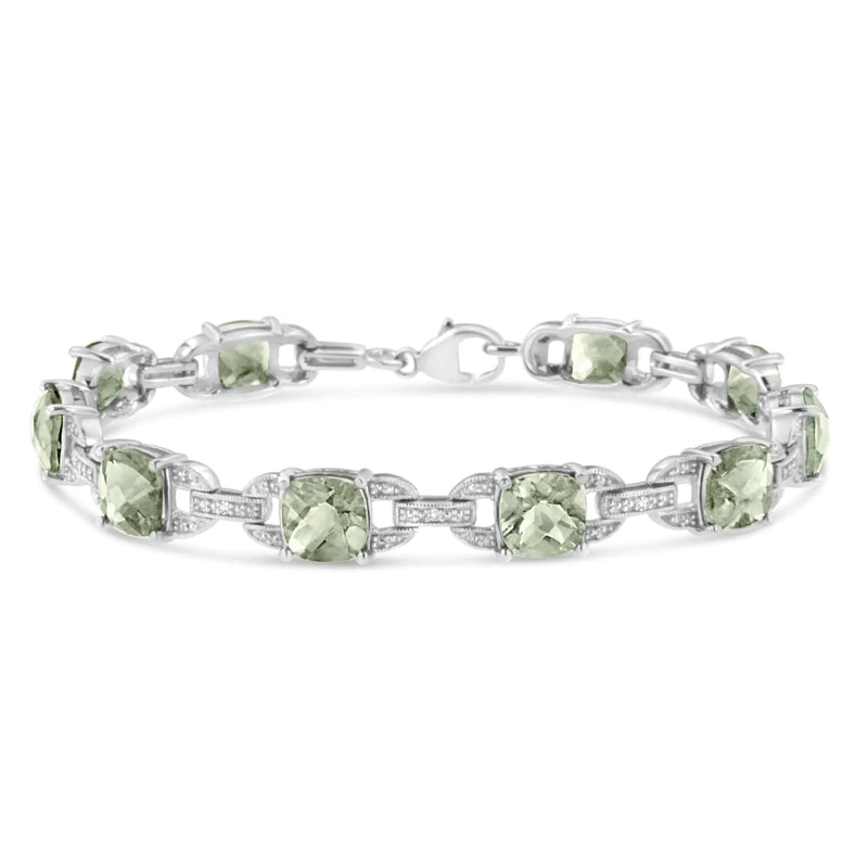 .925 Sterling Silver 7x7 mm Cushion Cut Green Amethyst and 1/20 cttw Round Cut Diamond Fashion Tennis Bracelet (I-J Color, I1-I2 Clarity) - 7