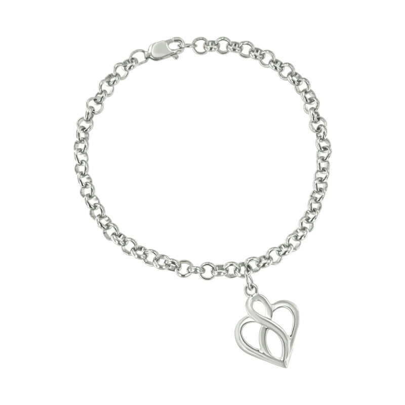 .925 Sterling Silver Open Heart with Center Vertical Infinity Chain Charm Bracelet - Size 7