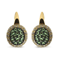 18K Yellow Gold 3 1/2 Cttw Diamond and Round Green Tsavorite Gemstone Round Domed Drop Hoop Earrings (Brown Color, SI1-SI2 Clarity)