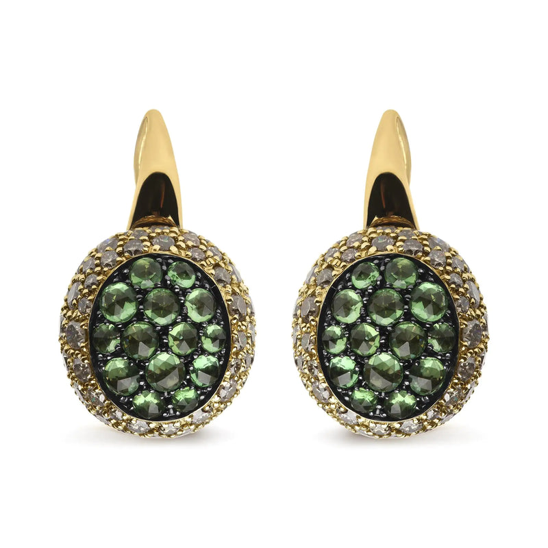 18K Yellow Gold 3 1/2 Cttw Diamond and Round Green Tsavorite Gemstone Round Domed Drop Hoop Earrings (Brown Color, SI1-SI2 Clarity)