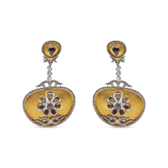 14K White and Yellow Gold 5 1/4 Cttw Rose Cut Diamond Matte Finished Medallion Dangle Earring (Fancy Color, I1-I2 Clarity)