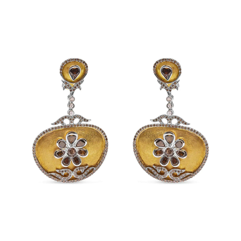 14K White and Yellow Gold 5 1/4 Cttw Rose Cut Diamond Matte Finished Medallion Dangle Earring (Fancy Color, I1-I2 Clarity)