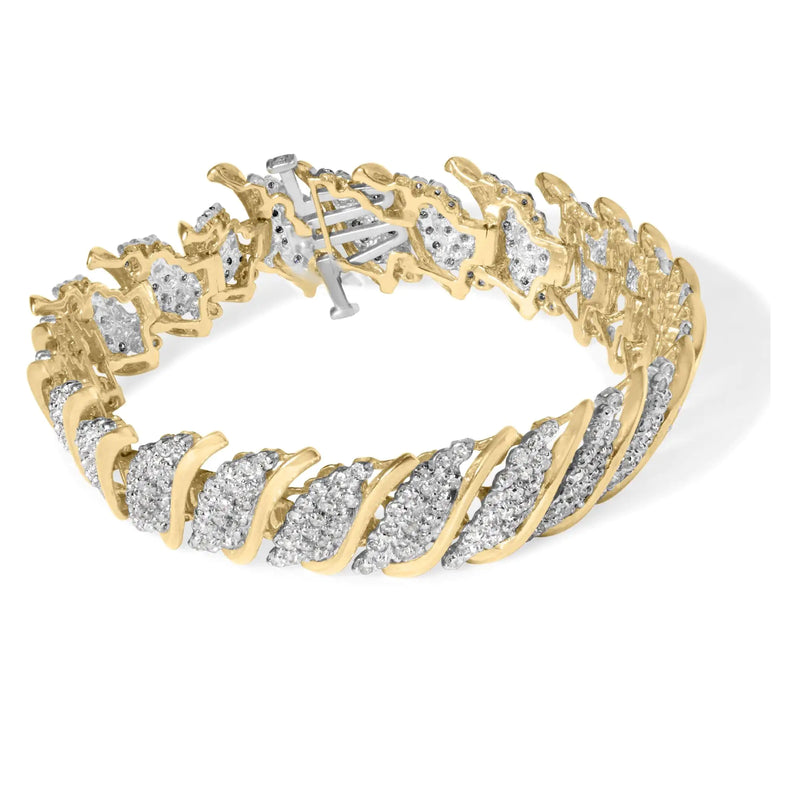 10K Yellow Gold 6.00 Cttw Pave Diamond S-Link Wave Link Bracelet (H-I Color, I2-I3 Clarity) - 7