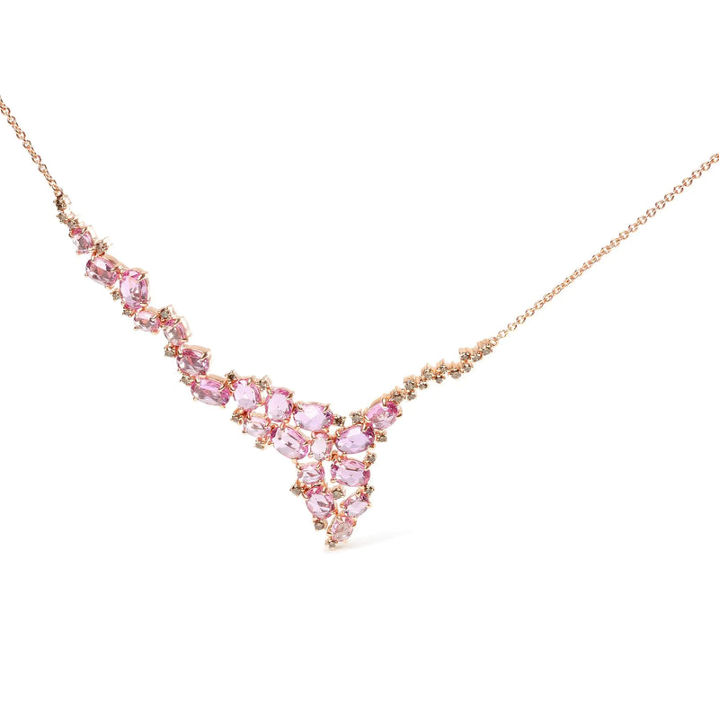 18K Rose Gold 1/2 Cttw Brown Diamond and Multi-Size Oval Pink Sapphire Cluster Cascade Statement Station Necklace (Brown Color, SI1-SI2 Clarity) - Adjustable up to 14