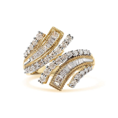 10K Yellow Gold 1.0 Cttw Round and Baguette Diamond Woven Bypass Ring (H-I,I1-I2)