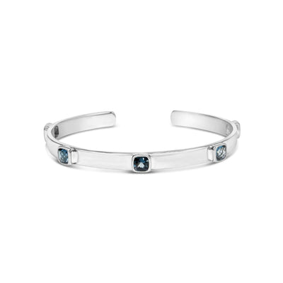 .925 Sterling Silver and Bezel Set 5mm Checkerboard Cushion Cut Blue Topaz Bangle - Fits wrists up to 8