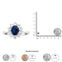 18K White Gold 7x5 mm Oval Cut Blue Sapphire and Round Diamond 3/4 Cttw Sunburst Halo Ring (F-G Color, VS1-VS2 Clarity)