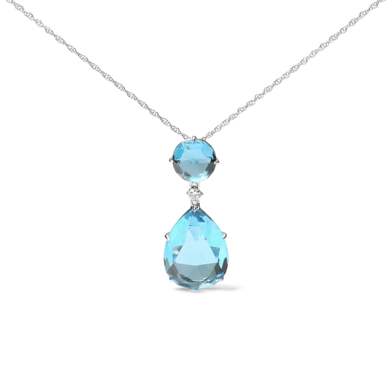 18K White Gold Diamond Accent and Round London Blue Topaz and Pear Cut Sky Blue Topaz Dangle Drop 18