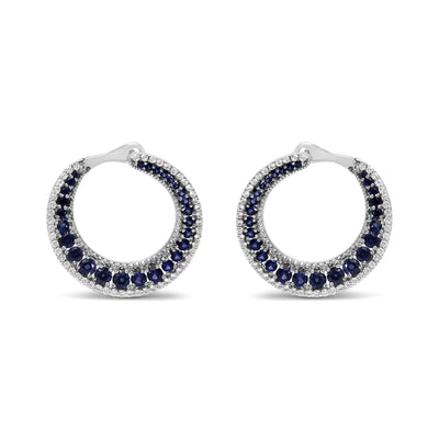 .925 Sterling Silver 2 3/4 Cttw Created Blue Sapphire Crescent Moon Disc Style Hoop Earrings - AAA Quality