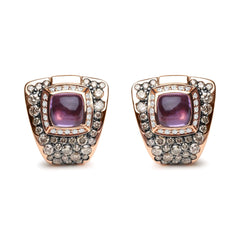 18K Rose Gold 1 1/2 Cttw Round Diamond and 7mm Cushion Cut Purple Amethyst Gemstone Geometrical Statement Stud Earrings (Brown and G-H Color, SI1-SI2 Clarity)