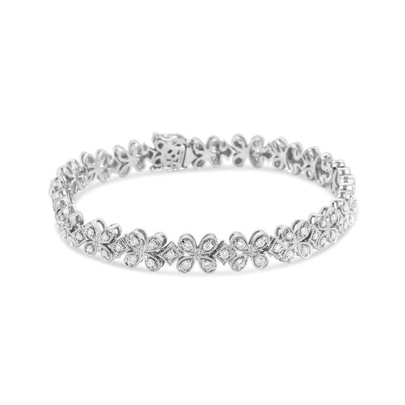 14K White Gold 1 1/2 Cttw Round Diamond Floral Clover-Shaped Link Bracelet (H-I Color, SI1-SI2 Clarity) - Size 7