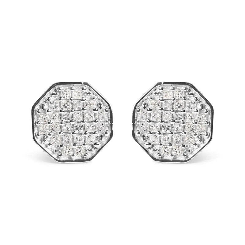 10K White Gold 7/8 Cttw Princess Diamond Composite Octagon Shaped Stud Earrings (I-J Color, I1-I2 Clarity)