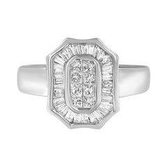 14K White Gold 1.00 Cttw Baguette and Princess-Cut Diamond Cocktail Art Deco Style Ring (H-I Color, SI1-SI2 Clarity)